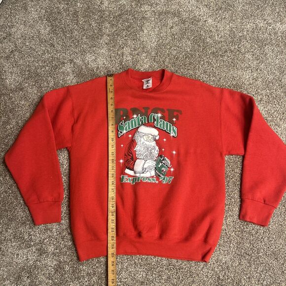 VTG 90s Santa Express Christmas Sweatshirt Men L BNSF Train 1997 Red Crewneck - Picture 5 of 7